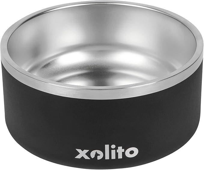 Xolito Pets Stainless Steel Dog Bowl 64 oz - Non-Slip Insulated Water Bowl for Large Dogs - Heavy Duty Double Wall Metal Feeder for Food & Water, Dishwasher Safe (Black)