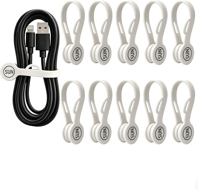Magnetic Cord Organizer Cable Cord Organizer Magnet Clips Design Patented Silicone Twist Tie Strap Holder Cord Wrap Keepers Reusable Multi-Purpose Home Office School Gifts 10 Pack White