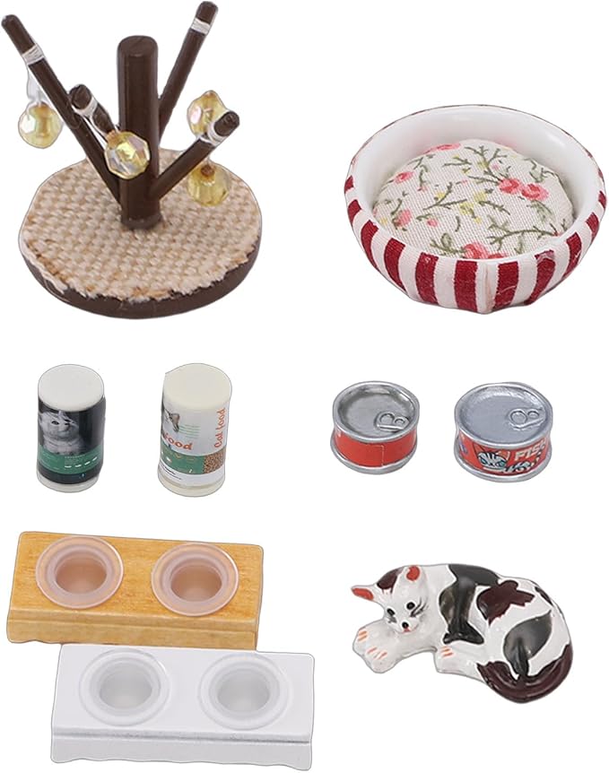 Focket 1:12 Dollhouse Cat Figurines, Miniature Dollhouse Accessories with Cat Bowl Stand and Bed, for Pet Lifestyle Display and 1/12 Scale Model Houses