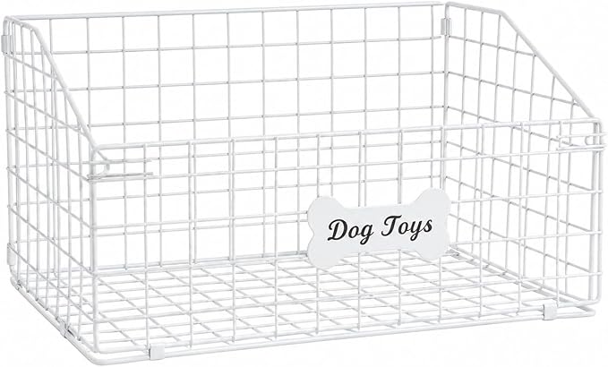 Geyecete Toy Box for Dogs Large Dog Toy Organizer Pet Wire Folding Basket Dog Toy Container Dog Toy Box-Chew-Proof Dog Food Toy Storage-White