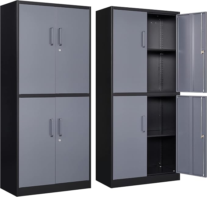 Metal Storage Locking Cabinet with 4 Doors and 2 Adjustable Shelves,71" Lockable Garage Tall Steel Cabinet,for Home Office,Living Room,Pantry,Gym,Commercial Storage (Gray Black)