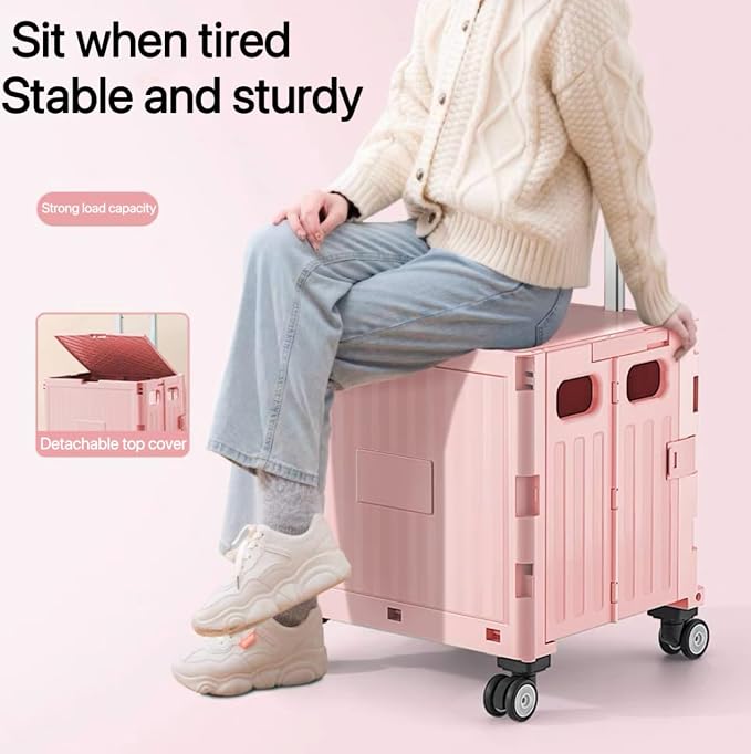Foldable Utility Cart, Portable Rolling Crate Handcart with 360° Rotating Wheels, Detachable Lid, and Telescoping Handle, Collapsible Shopping Trolley for Travel, Office, Grocery, and Luggage Storage