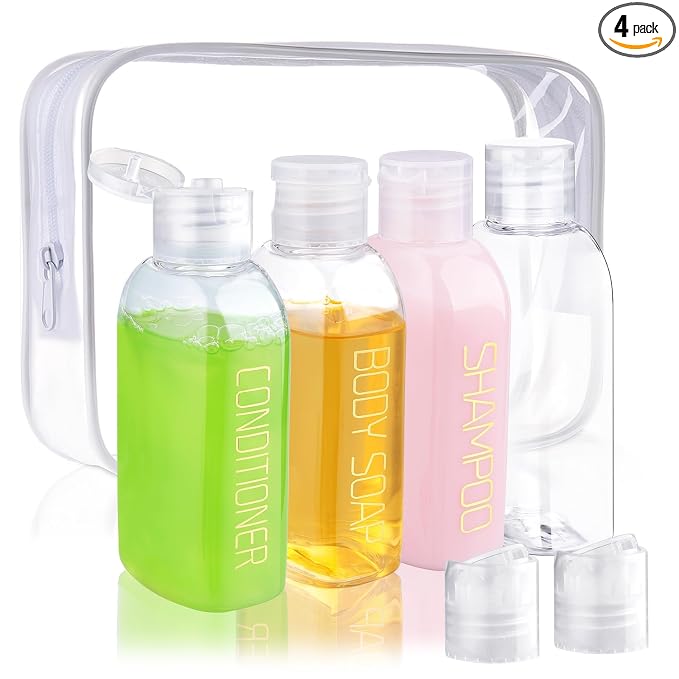 Cosywell 4pc 3.4 oz Leakproof Squeeze Bottles Travel Kit | TSA Approved, Preprinted with SHAMPOO, CONDITIONER and BODY SOAP, Refillable Cosmetic Containers Travel Essentials