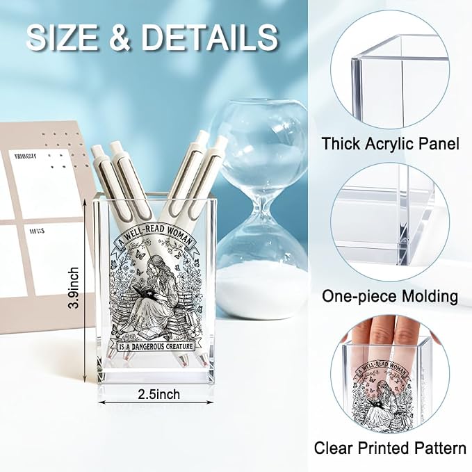 A Well-read Woman Is A Dangerous Creature Acrylic Pencil Holder Cup | Funny Floral Books Desk Organizer for Book Lover Bookish Booktrovert Readers, Women Empowerment Gifts for Mom Sister BFF
