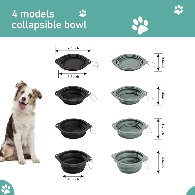 2 Pack Silicone No Spill Collapsible Travel Dog Feeding Bowls | Food-Grade Silicone, BPA Free, Travel Pet Bowls, with Carabiner Clip for Hiking, Durable & Quality, Dishwasher Safe