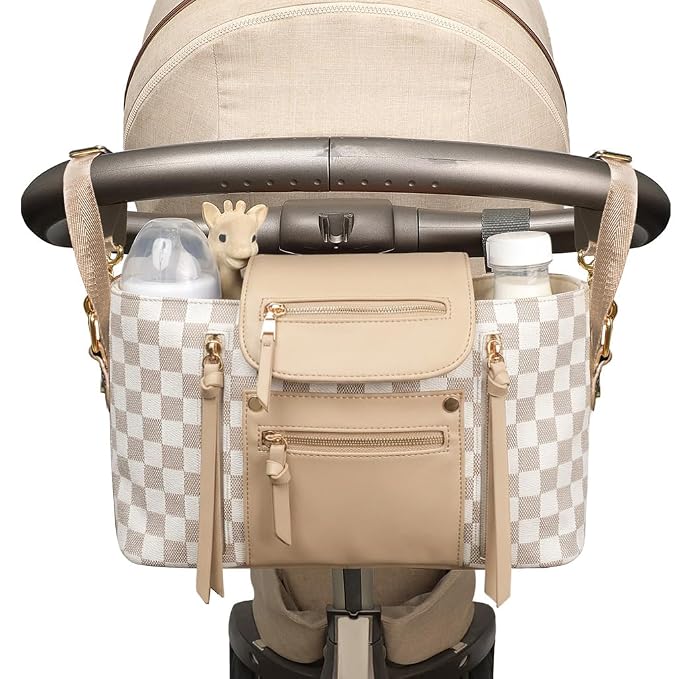 miss fong Checkered Stroller Caddy with Insulated Cup Holder Universal Stroller Organizer Bag Baby Storage Bag with Adjustable Strap, Fits for Baby Carriage like Uppababy, Baby Jogger, Umbrella