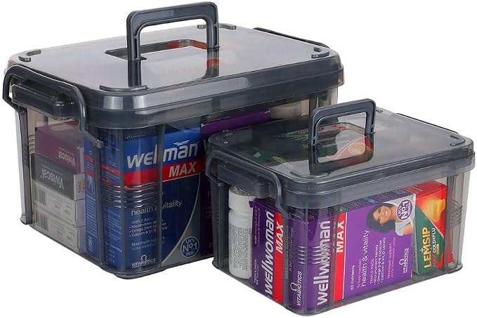 HEY FOLY 15qt Medicine Organizer Storage Box with Tray, Set of 2 Plastic First Aid Box Empty, Thickened Medicine Container Chest, Multipurpose Medical Case with Labels, Grey Medicine Caddy