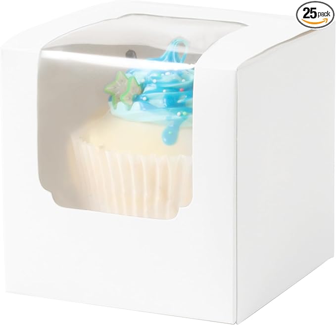 ihomecooker 25 Pcs Single White Cupcakes Containers Gift Boxes with Window Inserts Handle for Wedding Candy Boxes (25P-White)