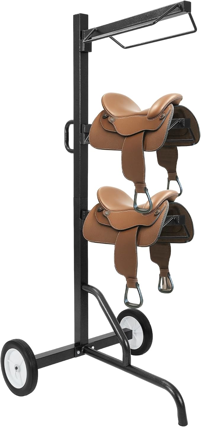 3 Tier Saddle Rack, Rolling Saddle Stand Cart with Wheel, | Heavy-Duty Rotatable Saddle Stand for English and Western Style Saddle Pad Rack, Portable Horse Tack Storage