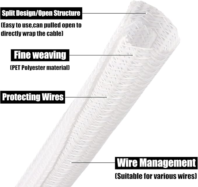25ft PET Braided Cable Sleeve 1/3 inch(8mm) Wire Protector Cable wrap Wire Covers for Cords Cable Sleeves Cord Management Cable Management Sleeve(White)