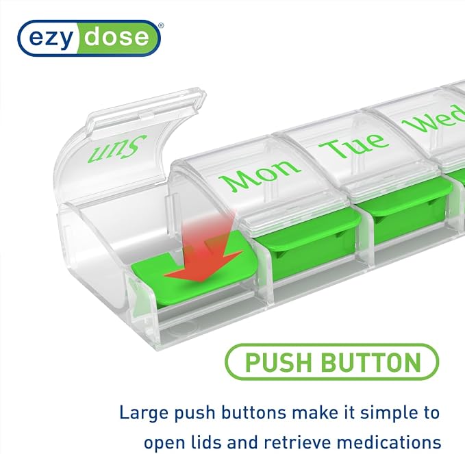 Ezy Dose Weekly (7-Day) Pill Organizer, X-Large Medicine Case, Green/Clear | Daily Vitamin & Supplement Planner, Spacious Push-Button Compartments, Convenient & Easy to Use, Travel-Friendly, BPA-Free