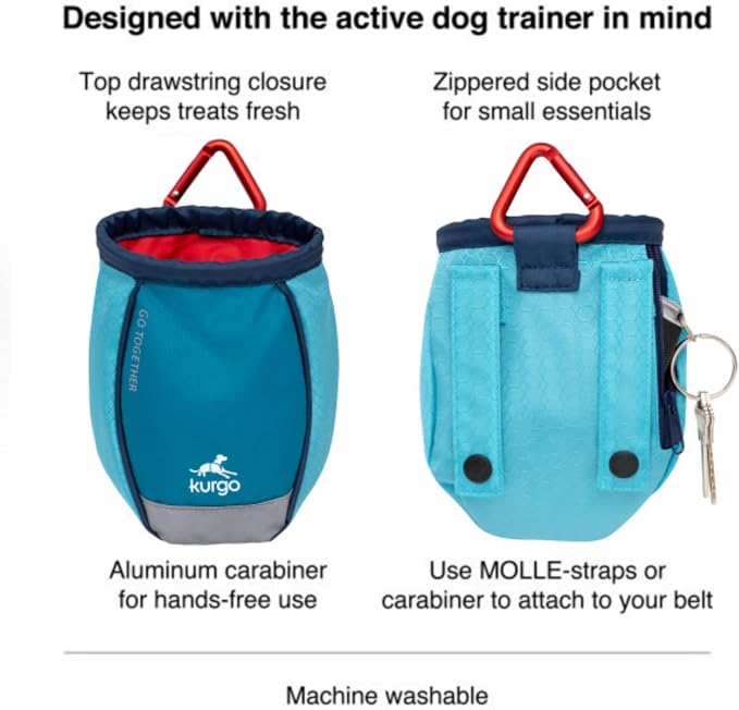 Kurgo Go Stuff It Dog Treat Bag, Coastal Blue | MOLLE-Compatible Training Pouch with Drawstring Closure, Zippered Storage Pocket, Reflective for Nighttime Visibility