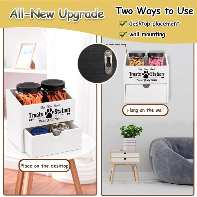 Pet Food Storage Container with Drawer, Wooden Dog Treat Container | White Pet Food Storage with 2 Plastic Dog Treat Jars for Dog and Cat, Dual Desk & Wall Mount Design
