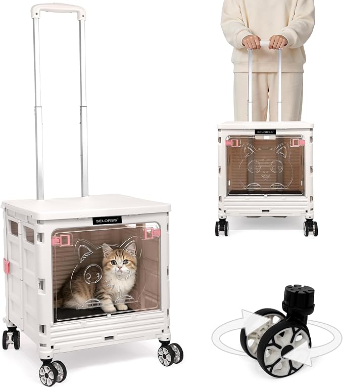 2-in-1 Foldable Shopping Cart & Rolling Pet Carrier, 55L Collapsible Utility Cart with Wheels, Pet Carrier with Telescopic Handle for Cats & Small Dogs, Portable Grocery Cart for Picnic, Travel-Grey