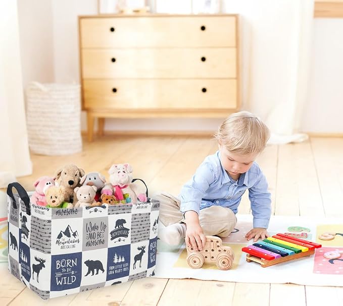 Sanjiaofeng Rectangular Kids Basket Kids Storage Bins,Gift Basket Organizer.Waterproof PE Coating Storage with Handles.Clothers,Toys,Books,Kid's Gifts Storage. (Bear) …