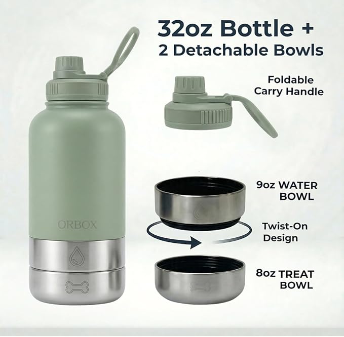 32oz Portable Dog Water Bottle with 2 Detachable Bowls for Small & Medium Dogs, Insulated Dog Travel Bottle for Walking and Road Trips (Green)