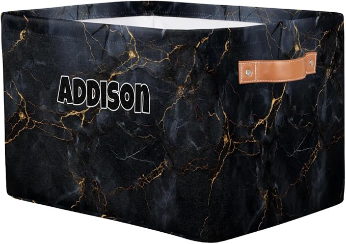 Custom Name Storage Bin, Personalized Rectangular Storage Basket with Handles for Organizing Boys Girls Toys Office Closet Shelf Baskets Dark Black Marble Texture with Golden Line
