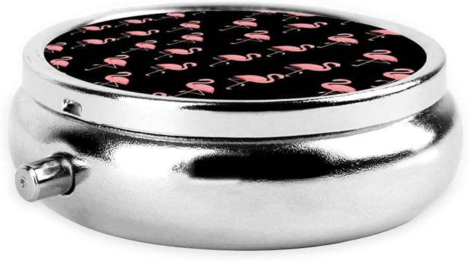 Purse Pill Organizer, Round Portable Case, Waterproof Holder for Vitamins, Mini Travel Box for Urban Commuters, Flamingo Black