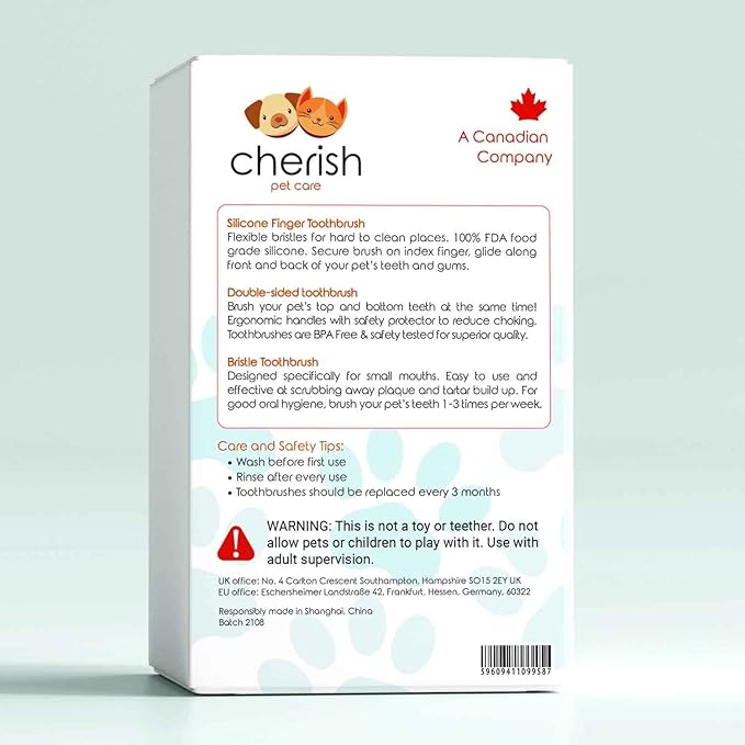 Cherish Pet Care Dog Teeth Cleaning Kit - 3pcs: Finger Toothbrush, Double-Sided Toothbrush, Fresh Breath & Plaque Removal