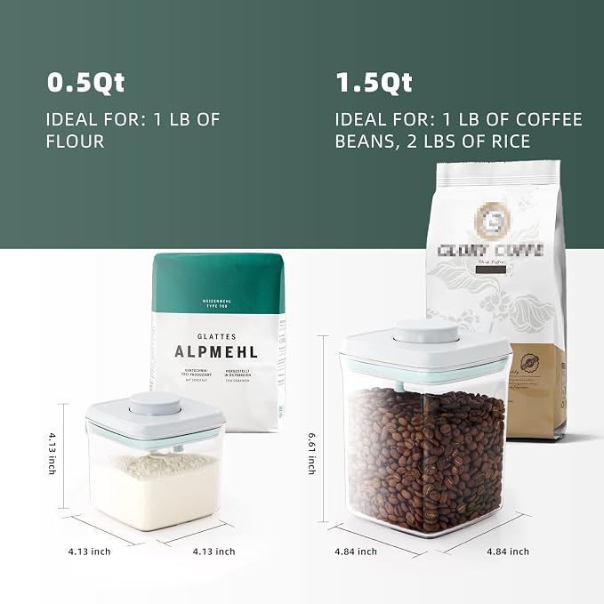 Pop Top Food Storage Containers, 0.5 Qt & 1.5 Qt Airtight Jars | Clear Stackable Kitchen Jars for Oats, Coffee, Sugar, Nuts and Snacks, Designed for Breakfast Stations and Small Cabinets