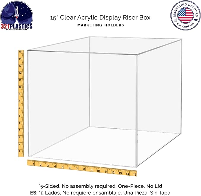 15" Acrylic Display Riser Box with One Open Side No Lid One Piece Versatile Clear Square Retail Merchandise Storage Bin or Product Platform No Assembly by Marketing Holders