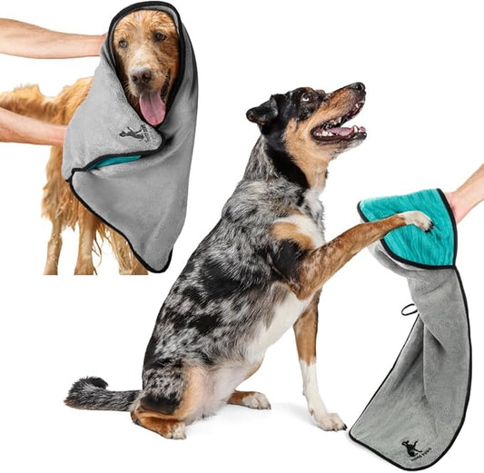 Microfiber Dog Towel & Paw Cleaner – Super Absorbent for Drying Dogs Large, Medium & Small, Quick Dry Pet Towels with Hand Pockets, Soft & Durable Puppy Towel, Machine Washable, Hanging Loop (Large)