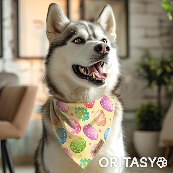 Easter Dog Bandanas, 2-Pack Triangle Reversible Bunny Eggs Pet Scarves, Premium Fabric, Bandana for All Boys Girls Dogs (Candy, One Size)