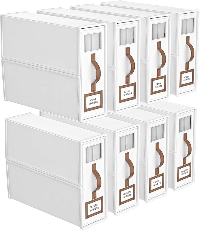 8 Pack Bed Sheets Organizers And Storage,Sheets Set Folder Keeper with Handle,Foldable Bedding Storage Box For Linen Closet,Duvet Cover(King Size-3.7 Gal,White)