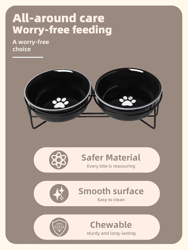 GDCZ Ceramics Raised Cat Bowls with Heighten Metal Stand,15 Ounces (Black)