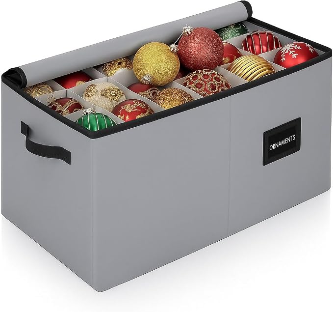 Christmas Ornament Storage Container with Dividers - Box Stores Up to 54 Ornaments, Zippered, Convenient, Adjustable, Large Organizer Bin to Protect Holiday Décor, Fits Most Standard Size, Grey