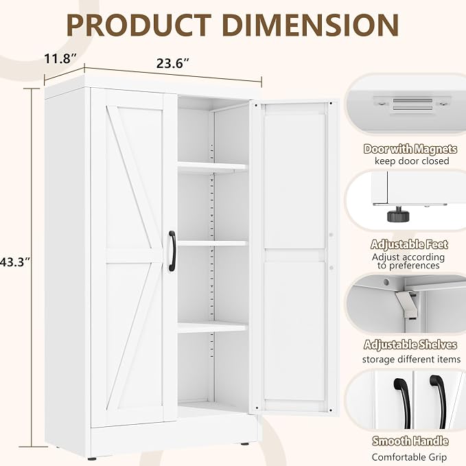 White Metal Storage Cabinet, 43" Kitchen Pantry Cabinets for Office | Steel Kitchen Pantry Storage with Doors and 3 Adjustable Shelves, Metal Tool Cabinet, for Office, Home, Garage, School