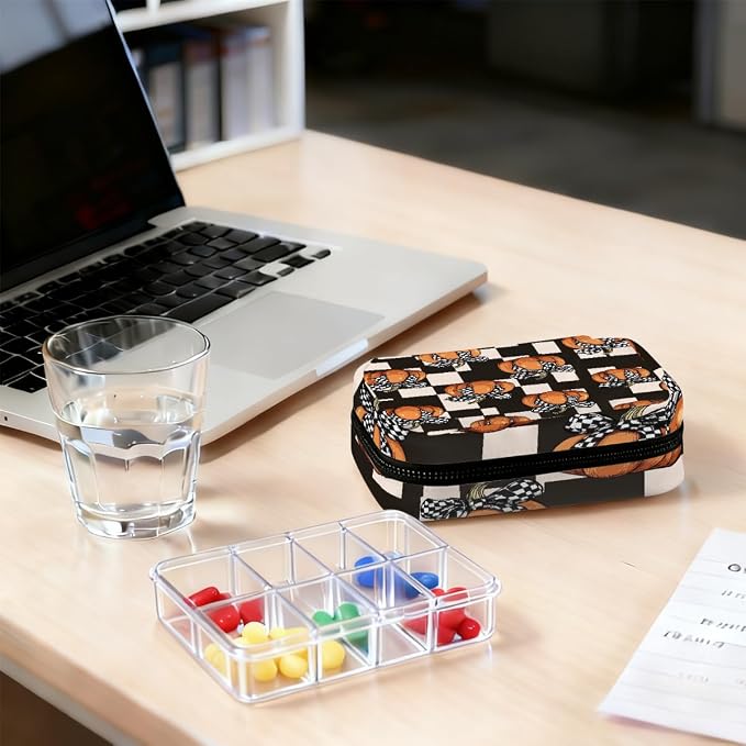 Travel Pill Organizer Black White Plaid Pumpkin Small Pill Case