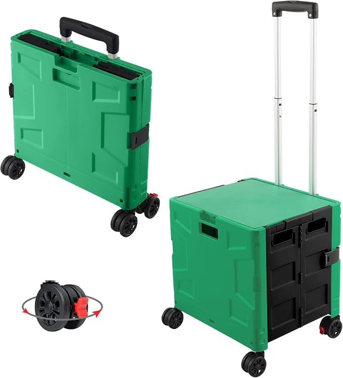 FELICON Folding Utility Cart Rolling Crate Handcart Basket-Dark Green+Black | Collapsible Hidden Lid,Plastic Box,Telescoping Handle,4 Rotate Wheels for Travel Shop Move Grocery Laundry Office Teacher Use
