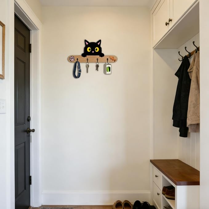 3D DIY Wood Dog Leash Holder Wall Decoration, Cute Cat Design Wall Mount Hanger Organizer with 4 Hooks for Hallway, Door, RV, Apartment, Keys, Bags, Harness, Collars, Clothes, Home Improvement