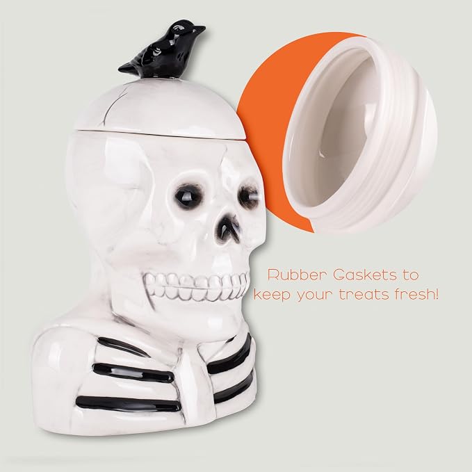 Dolomite Ceramic 12 x 8.5 Halloween Cookie & Candy Jar with Airtight Lid: Perfect for Kitchen Canisters, Pet Treat Containers & Fall Decorative Candy Dish, Skeleton with a Crow