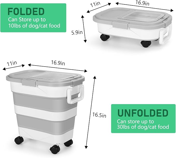 30LB Dog Food Storage Container with Wheels, Lid, Handle, Cup and Scoop | Collapsible Pet food Storage Containers, Airtight Food Storage Bin for Cat Dog Kibbles, Bird Seed, Rice, Flour, Cereal -Grey