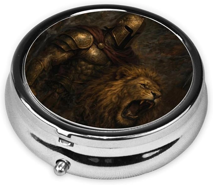 Medieval Knight and Lion Portable Pill Organizer | 3 Compartment, With Mirror, For Men Women, For Daily Supplements, Vitamins, Fish Oil, Jewelry, Candy, Travel