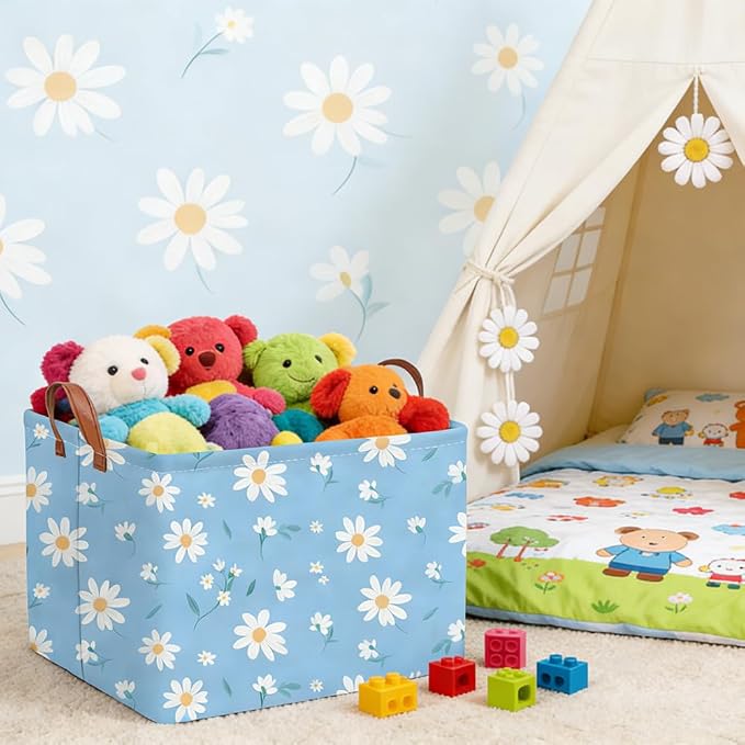 Rectangular Daisy Storage Basket,Kids Laundry Hamper,Waterproof foldable kids laundry basket,Blue Baskets,Books Box,Flower room decor(Daisy)
