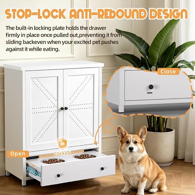 Dog Feeding Station with Storage Cabinet, Metal Pet Feeding Station with Storage, Dog Food Storage Cabinet with 2 Elevated Stainless Steel Bowls, Pet Food Cabinet Organizer, White