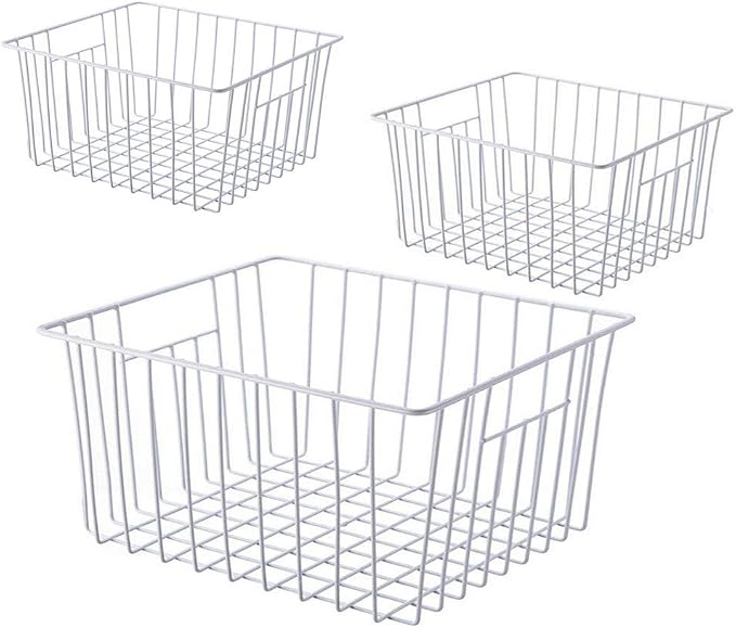 Freezer Wire Baskets, Kitchen Storage Organizer Bins for Chest and Upright Freezer, Refrigerator Dividers Containers with Handles - Pearl White (3)