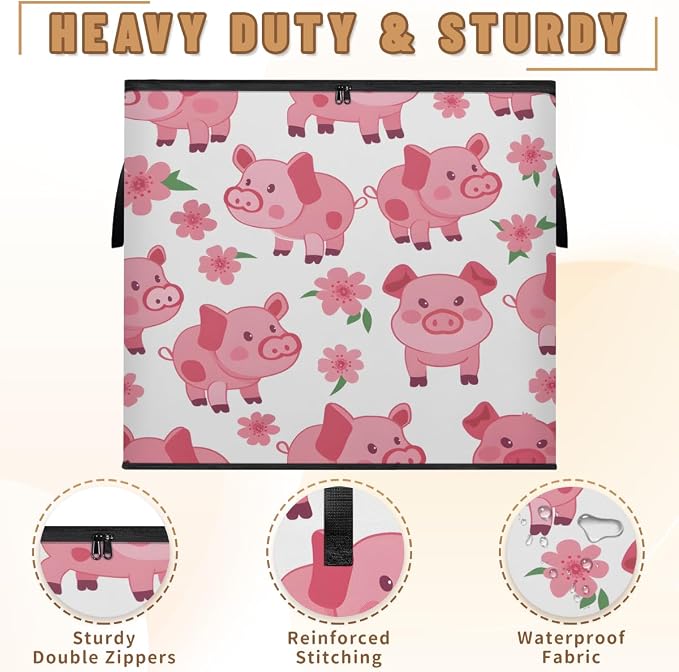 Pig Large Storage Bags, Fabric Bed Storage Containers, Foldable Closet Organizers for Blanket, Clothing, Comforter, Bedding, Pink