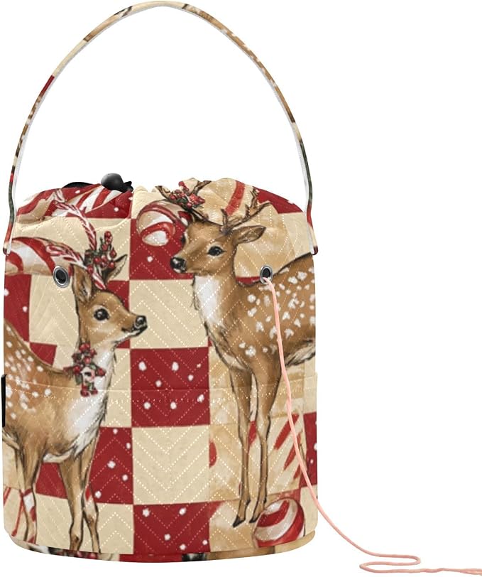 Tatenale Crochet Bag Yarn Bag Knitting Project Bag with Pockets and Handle Portable Yarn Storage Organizer Tangle Free 8.3x11 InchChristmas Deers Checkered Red Candy Canes41