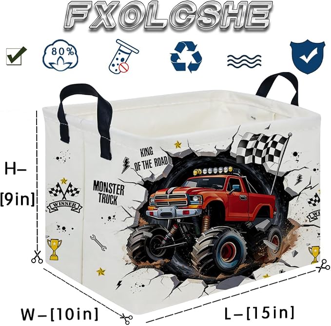 Rectangular Monster Truck Basket,Racing Car Storage Baskets,Cute Basket for kids with Handles,Kid Room Decor Gift,Car Room Decor,Book baskets(Monster Truck)