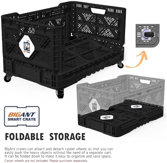 Bigant Heavy Duty Collapsible & Stackable Plastic Milk Crate - Snap Lock Foldable Industrial Garage Storage Bin Container Utility Tote Basket (Black, 1 Medium Crate)