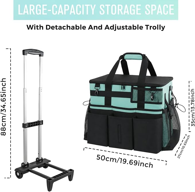 SCAVATA Rolling Cleaning Caddy Bag with Detachable Trolley & Wheels | Large Cleaning Supply Organizer, Portable Multi-Pocket Cleaning Cart for Housekeeper, Adjustable Shoulder Strap, CyanBlue