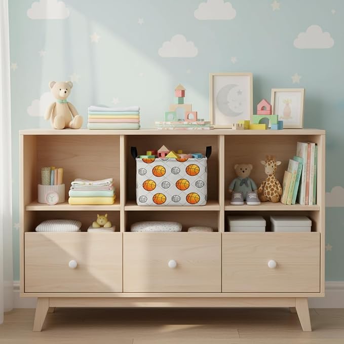 Kid Cute Nursery Storage Basket Baby Toy Clothes Storage Bin Playroom Bedroom Decor Gift Basket (Basketball)