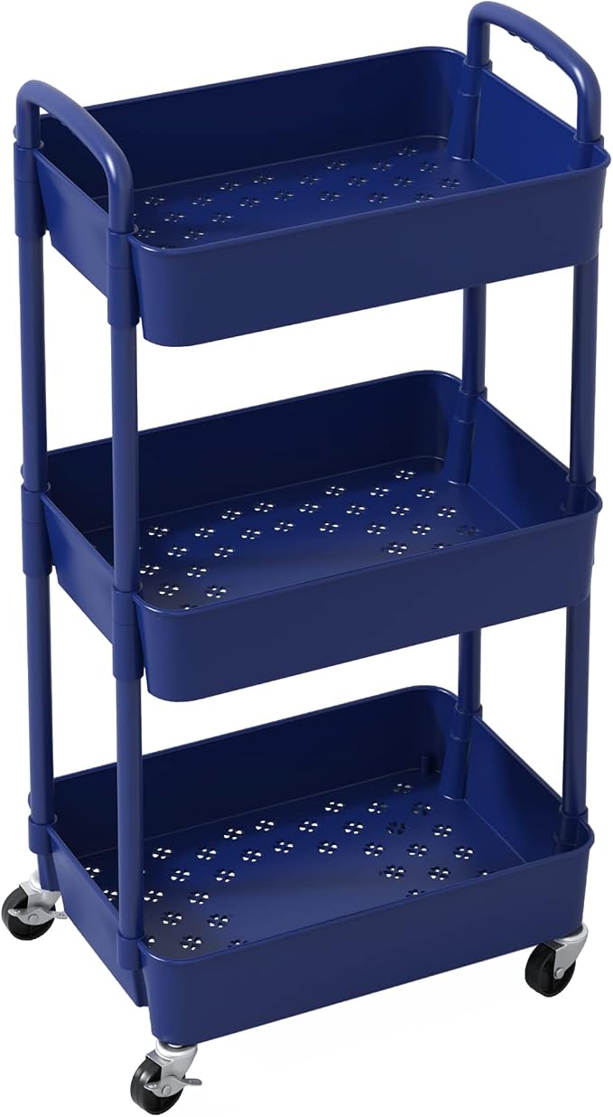 Sywhitta 3-Tier Plastic Rolling Utility Cart with Wheels for Storage,Blue | Multi-Functional Storage Trolley, for Office, Living Room, Kitchen, Bathroom,Movable Organizer,Space-Saving,Easy to assemble