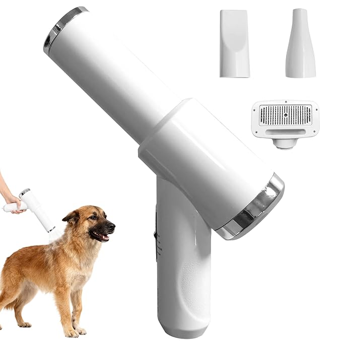 Dog Grooming Dryer with Slicker Brush, 3 in 1 Professional Portable Pet Dryer for Dogs Cats Adjustable Temperature Speed Settings, Pet Blow Brush for Home Travel Use (White)