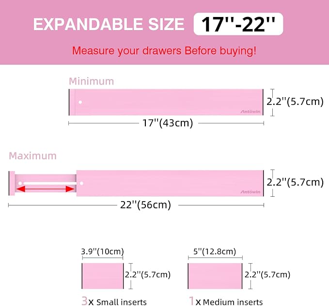 Expandable Bamboo Drawer Dividers Organizers, Drawer Separators Splitter, 17-22 inches Long Adjustable Spring-loaded Organizer for Large Utensil, Clothes, Tools(Pink)
