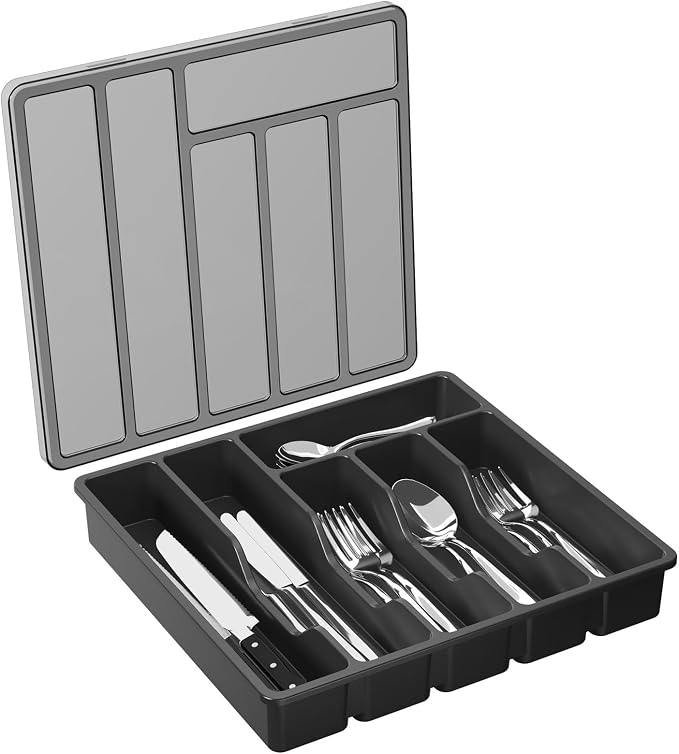 Lifewit Silverware Organizer with Lid, Covered Utensil Tray, 12.6x11.8 | Plastic Cutlery Storage Box for Kitchen Drawer and Countertop, Flatware Case Holder for Spoons Forks Knives, Black